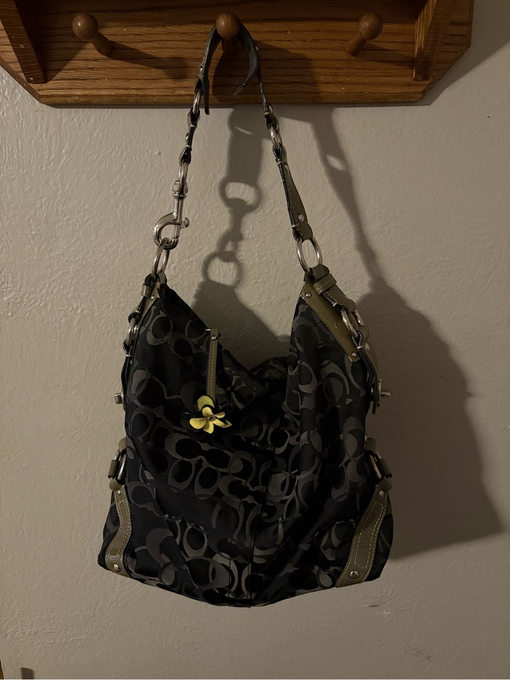 Coach Carly Black Signature Canvas Hobo Bag with Olive Trim